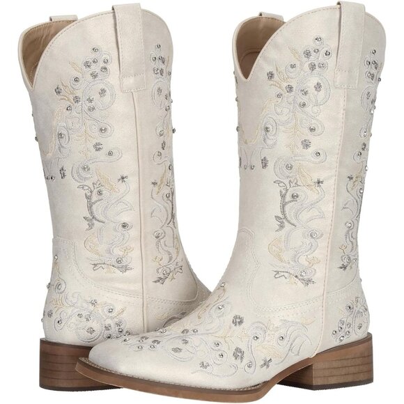 Women's Cowboy Boots Square Toe Rhinestone Mid Calf Boot Cowgirl Shoes White - Picture 6 of 7